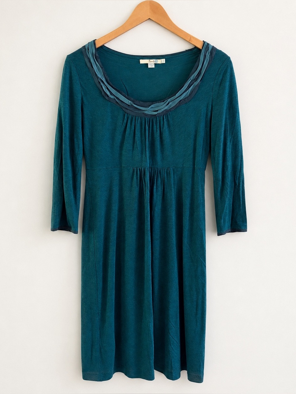 Boden Teal Blue Jersey Knit Empire Waist 3/4 Sleeve Dress Ruched Size 6R